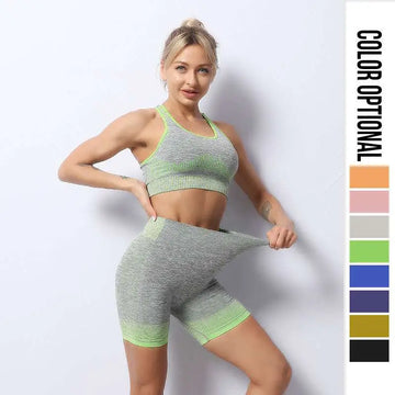 A women’s seamless yoga hip lifting workout set in gray heathered neon green gradient with seamless knit fabric