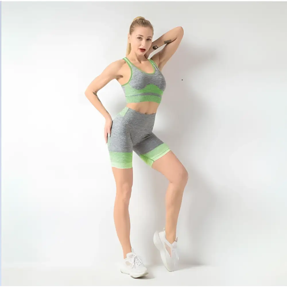 Women’s seamless yoga hip lifting workout two-piece set in vibrant lime green and gray heathered textured knit fabric