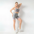 Gray and lavender gradient knit women’s seamless yoga hip lifting workout set with seamless design and heathered texture