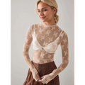 Women’s sheer beige long-sleeved see-through lace floral mesh top with high neckline and white bralette underneath