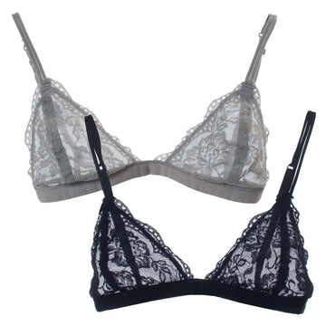 Womens semi sheer lace sexy gray and black triangle bralette set with intricate floral patterns and thin straps