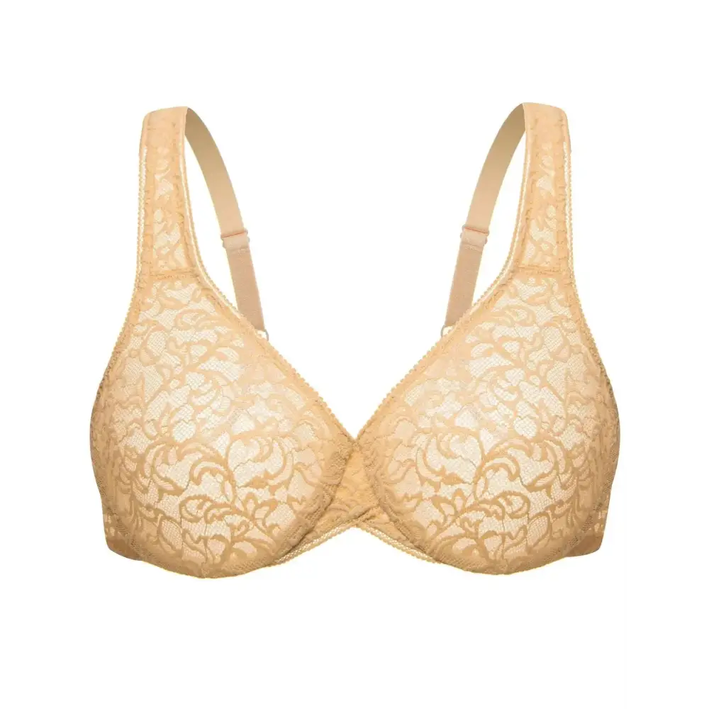 Beige womens sexy lace bra sheer underwire bralette with delicate floral patterns and adjustable straps 40B