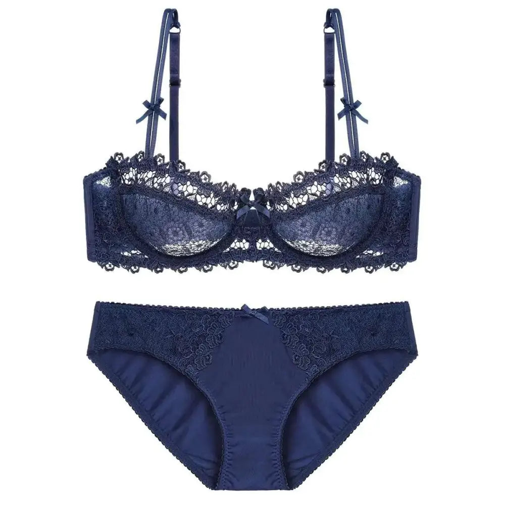Navy blue womens sexy soft lace bra and panty set featuring delicate lace material and elegant design