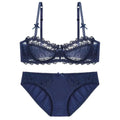Navy blue womens sexy soft lace bra and panty set featuring delicate lace material with a comfortable fit