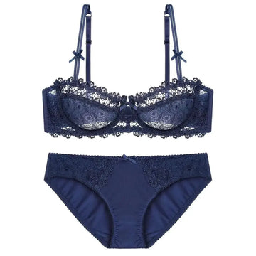 Navy blue womens sexy soft lace bra and panty set featuring delicate lace material with a comfortable fit