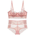 Womens sexy soft lace floral pink lingerie set featuring sheer mesh and delicate embroidery detailing