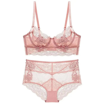 Womens sexy soft lace floral pink lingerie set featuring sheer mesh and delicate embroidery detailing