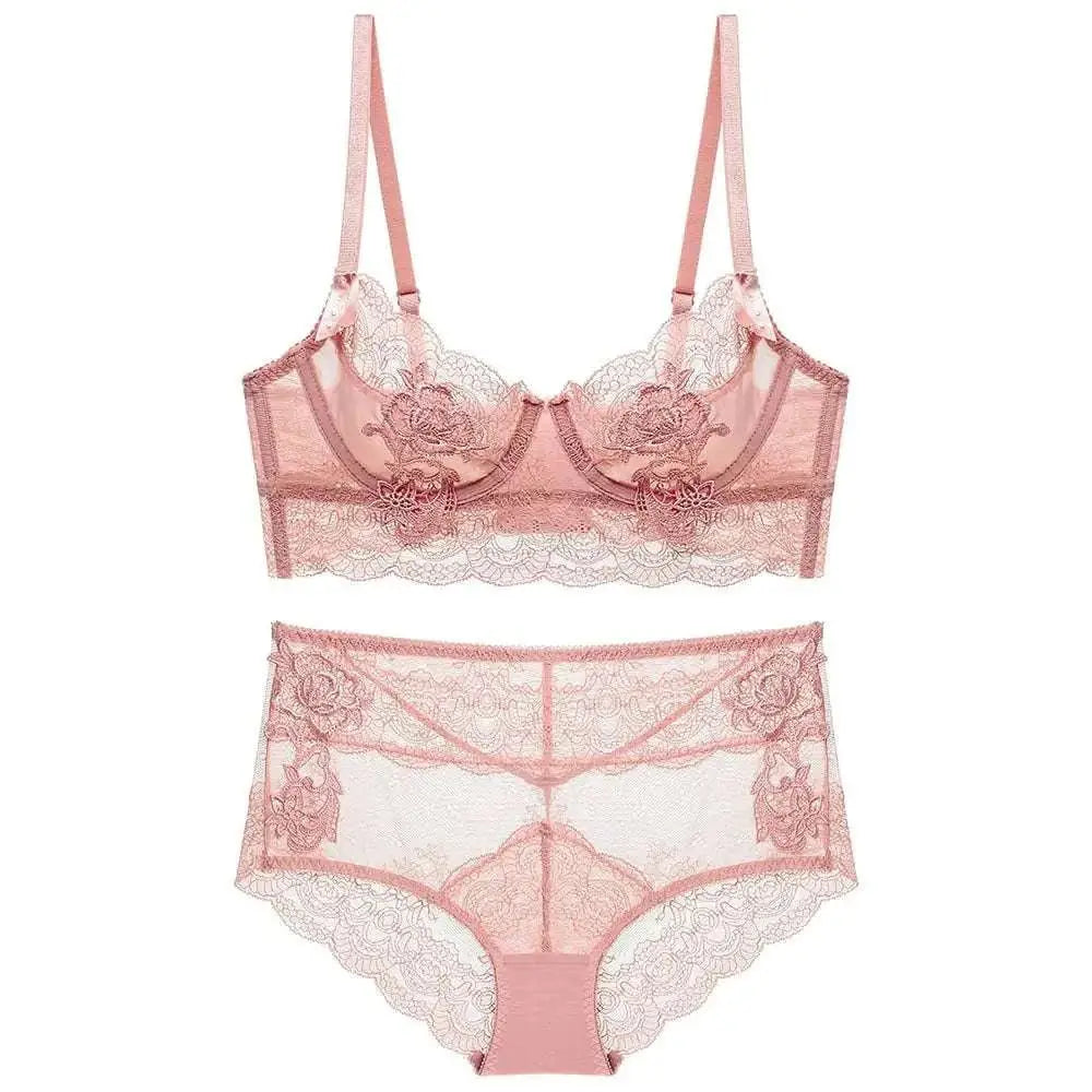 Womens sexy soft lace floral pink lingerie set featuring sheer mesh and delicate embroidery detailing