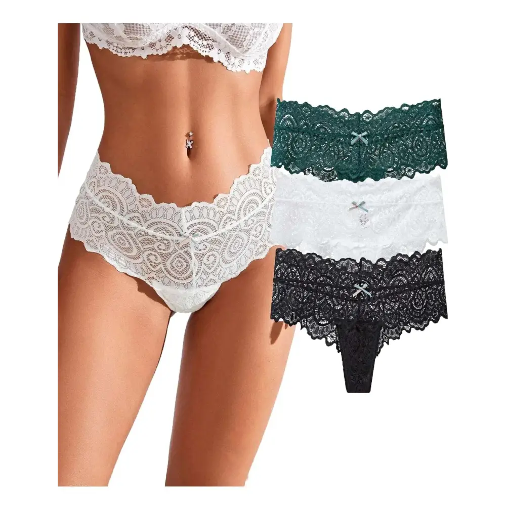 White lace womens sexy thongs with intricate floral patterns and delicate scalloped edges in a 3 pack set