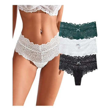 White lace womens sexy thongs with intricate floral patterns and delicate scalloped edges in a 3 pack set