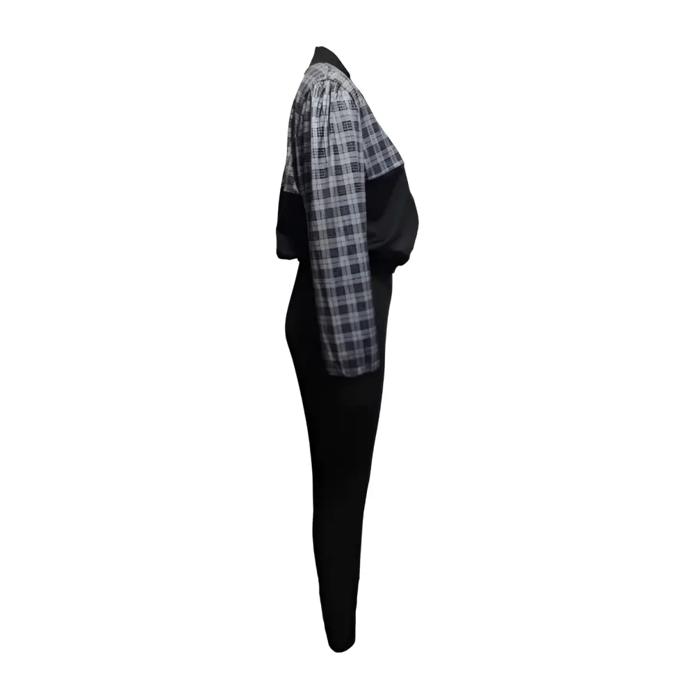 Women’s sleeveless casual plaid set featuring a black and gray plaid cropped jacket with puffed sleeves over a black jumpsuit