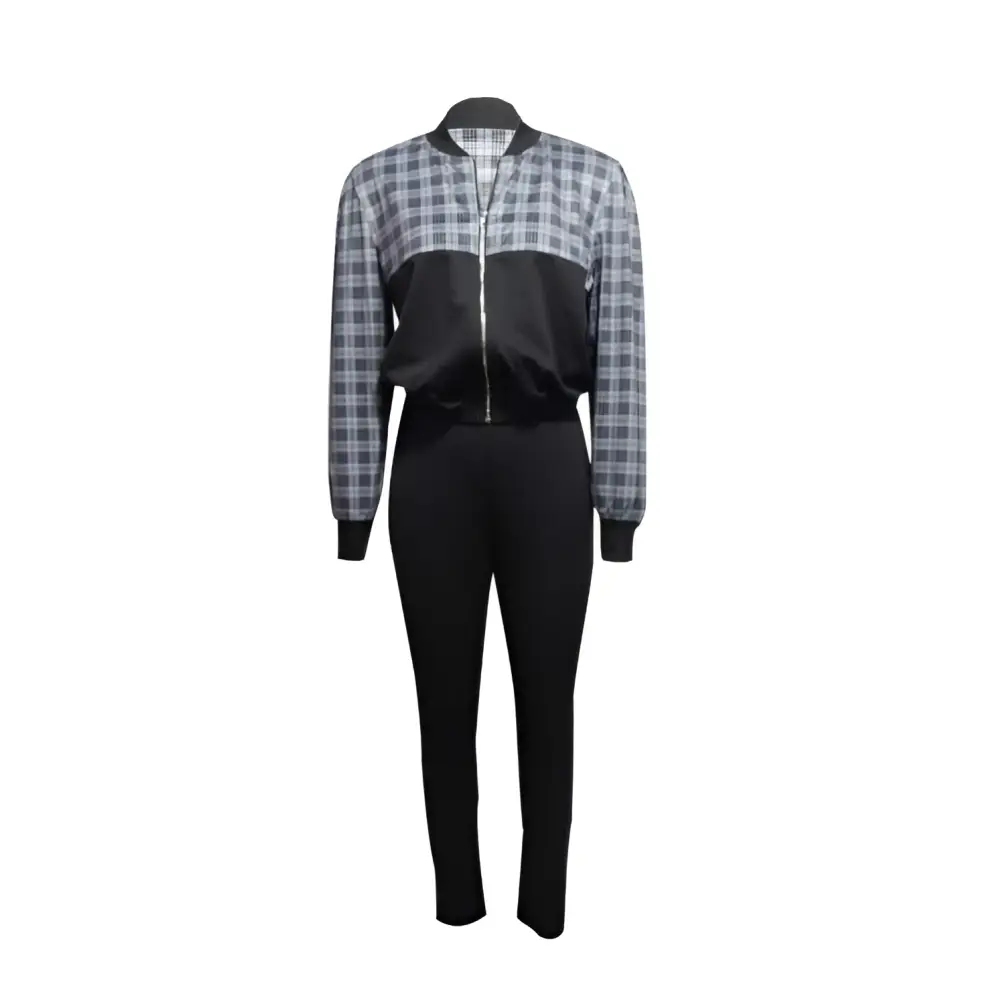 Black and gray plaid bomber jacket with puffed sleeves from women’s sleeveless casual 2-piece plaid set