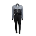 Women’s sleeveless casual 2-piece plaid set featuring a black and gray plaid bomber jacket with satin black lower half