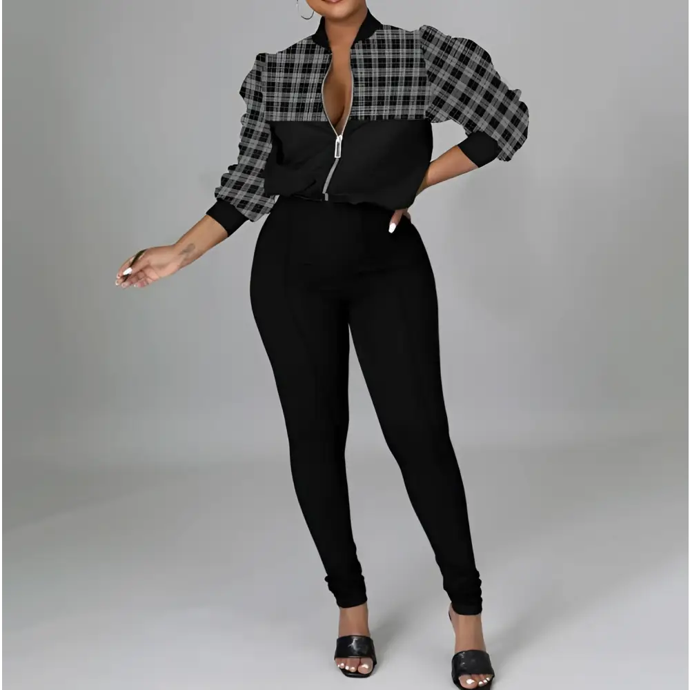 Black and gray plaid bomber jacket with puffed sleeves from women’s sleeveless casual 2-piece plaid set