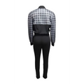 Women’s sleeveless casual plaid set featuring a black and gray plaid bomber jacket with a solid black lower half