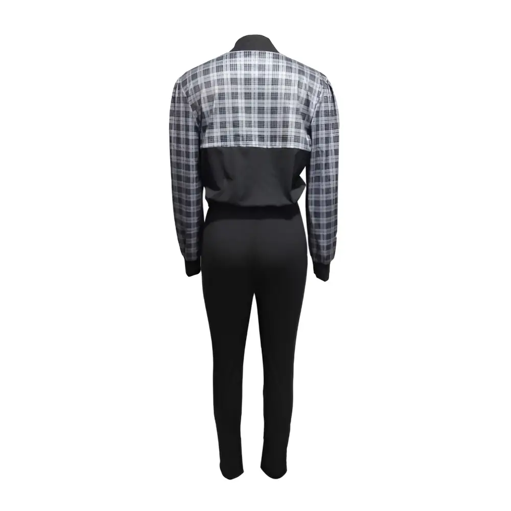 Women’s sleeveless casual plaid set featuring a black and gray plaid bomber jacket with a solid black lower half