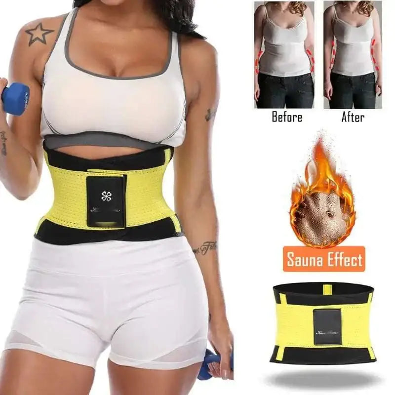 Bright yellow and black slimming waist belt with a central control panel designed as a sports waist trainer for women
