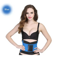 Blue and black waist trainer belt with central panel designed as a sports slimming waist belt for women