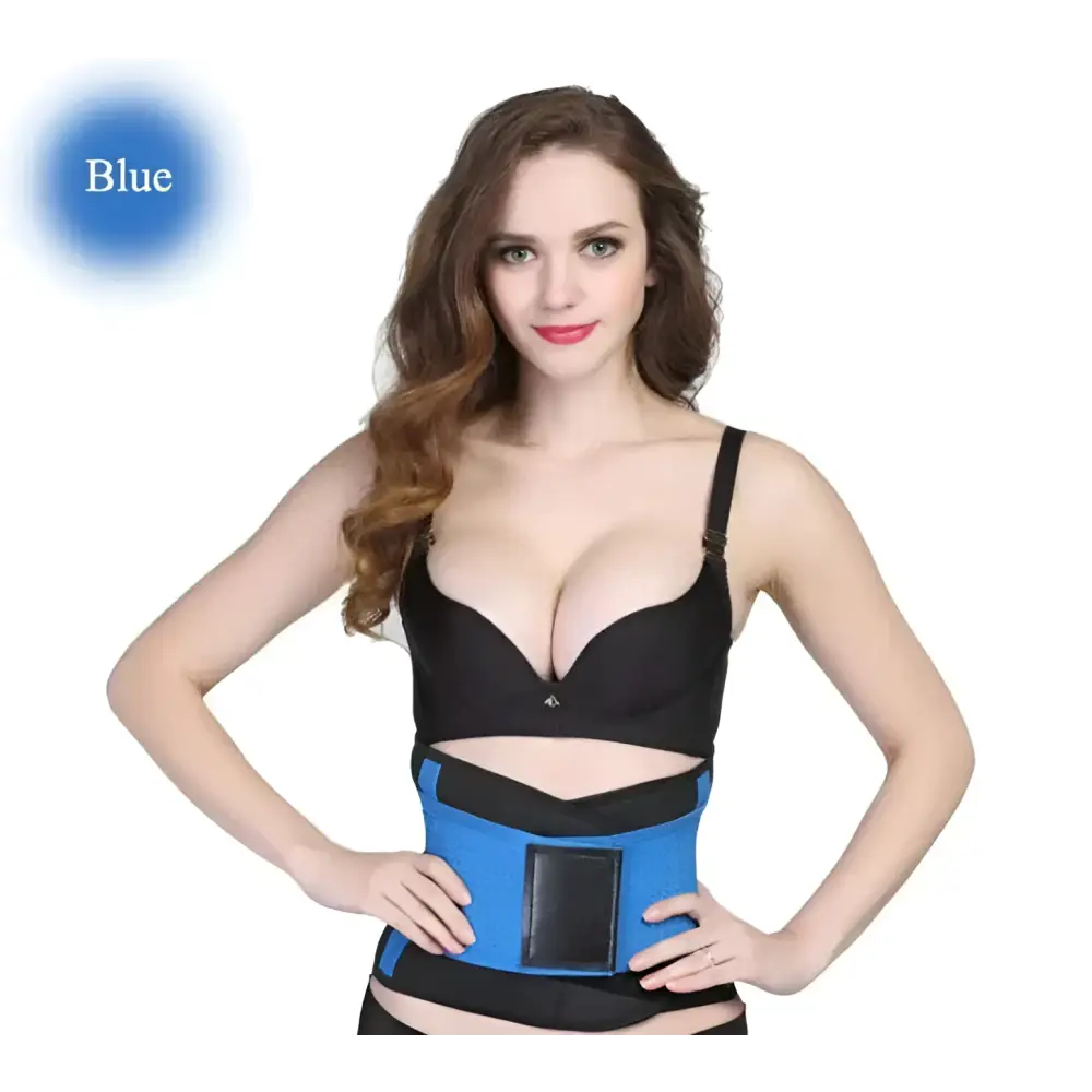 Blue and black waist trainer belt with a central panel designed as a sports slimming waist belt for women