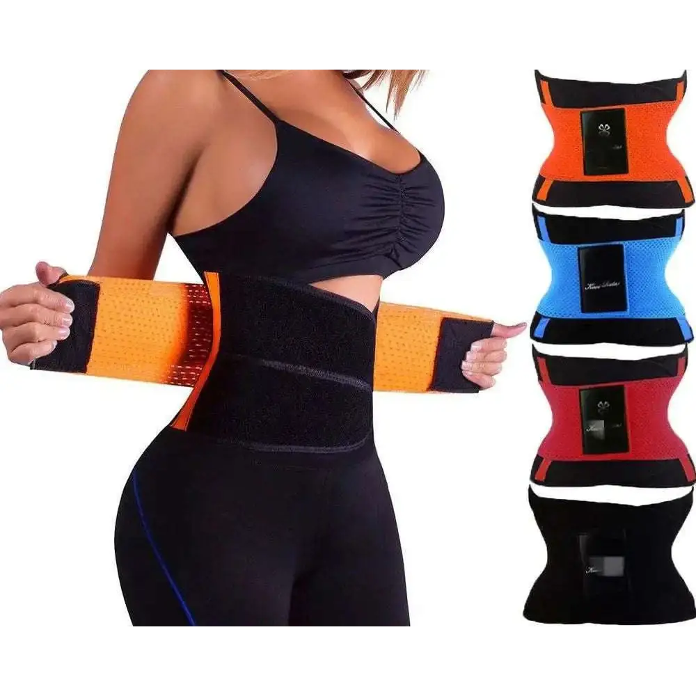 Orange and black slimming waist belt waist trainer with adjustable straps and textured mesh design for sports slimming waist