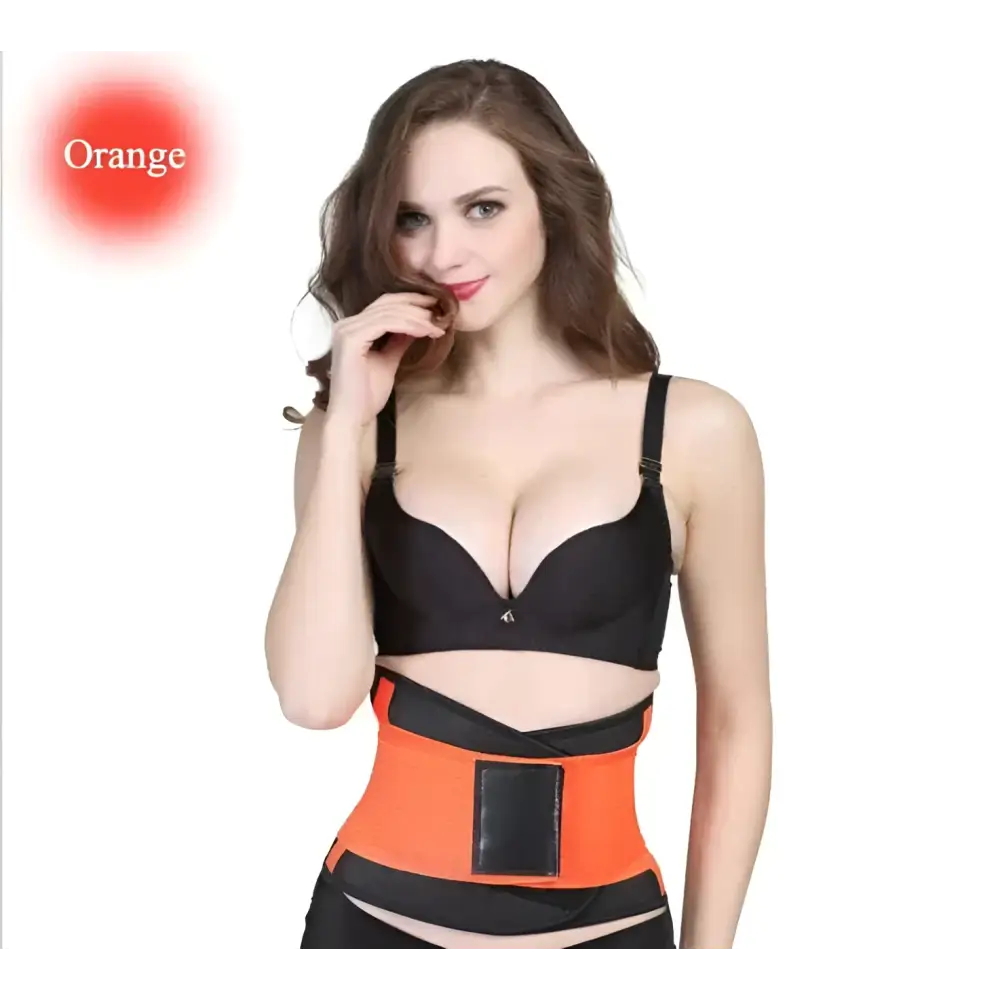 Orange and black women’s slimming waist belt with adjustable straps and central panel for effective waist training