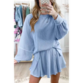 Light blue women’s solid colour ribbed knit casual suit with long sleeves and flared skirt two-piece outfit
