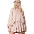 Beige ribbed knit casual suit for women featuring a two-piece solid colour loungewear set with oversized sleeves and flared skirt