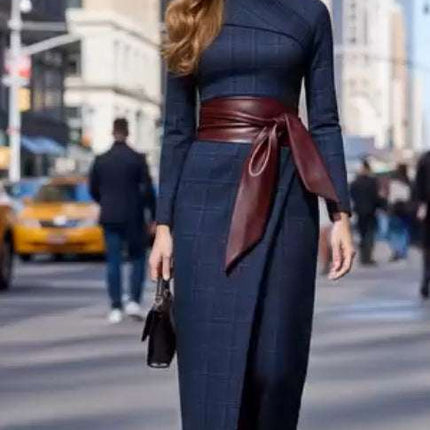 Womens Stylish Sophisticated Wide - waisted Belted Dress - Royalessencelux