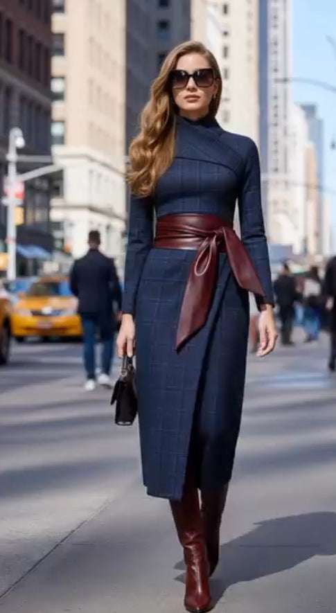 Womens Stylish Sophisticated Wide - waisted Belted Dress - Royalessencelux