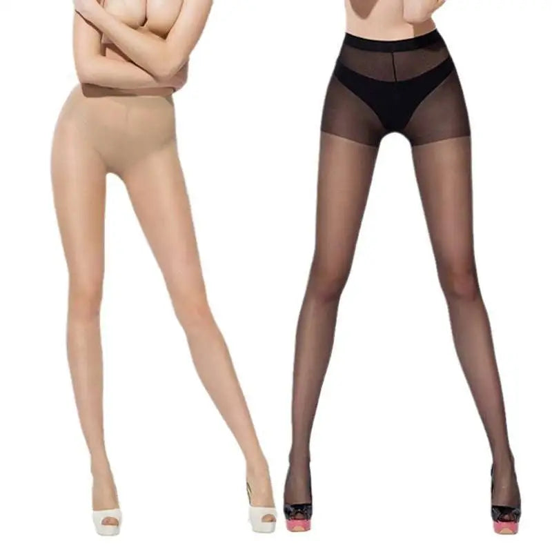 Two pairs of sheer high-waisted summer flesh color silk stockings in nude and black with seamless stretchy fabric
