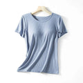 Women’s Summerdale loose-fitting padded chest ribbed cotton top in soft light blue with round neckline and short sleeves
