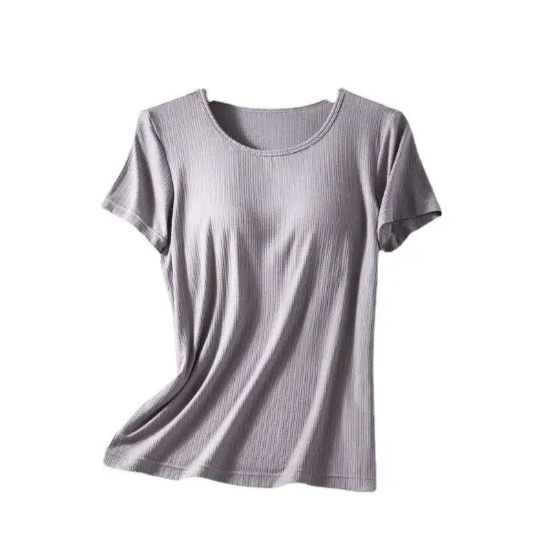 Women’s summerdale loose-fitting ribbed cotton t-shirt in light gray with padded chest and round neckline for comfort