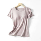 A soft mauve ribbed cotton women’s summerdale loose-fitting padded chest short-sleeved top on wooden hanger