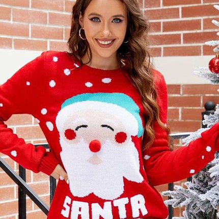 Women's Tops Santa Pullover Sweater Autumn And Winter Letter Embroidery Christmas Red Sweaters Long Sleeve Crew Neck Clothes - Royalessencelux