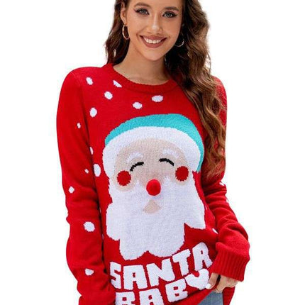 Women's Tops Santa Pullover Sweater Autumn And Winter Letter Embroidery Christmas Red Sweaters Long Sleeve Crew Neck Clothes - Royalessencelux
