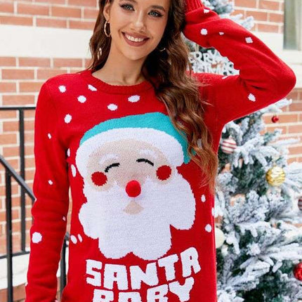Women's Tops Santa Pullover Sweater Autumn And Winter Letter Embroidery Christmas Red Sweaters Long Sleeve Crew Neck Clothes - Royalessencelux