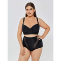 Black plus-size womens tummy control high waist mesh body shaper set with structured bra and sheer mesh panels
