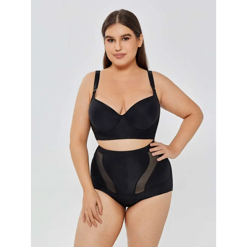 Black plus-size womens tummy control high waist mesh body shaper set with structured bra and sheer mesh panels