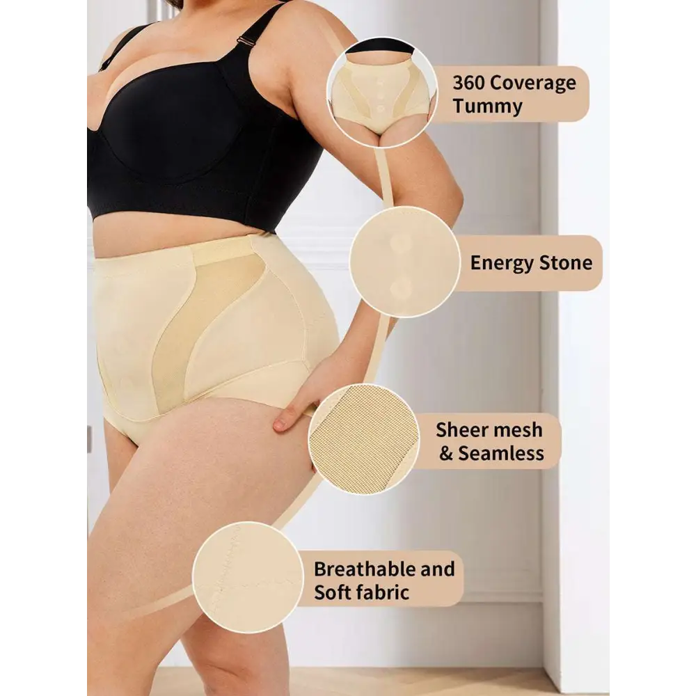 Beige womens tummy control high waist mesh body shaper with sheer mesh panels and breathable fabric