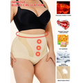 Beige womens tummy control high waist mesh body shaper with three red buttons and breathable mesh panels