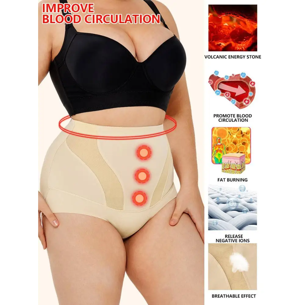 Beige womens tummy control high waist mesh body shaper with three red buttons and breathable mesh panels