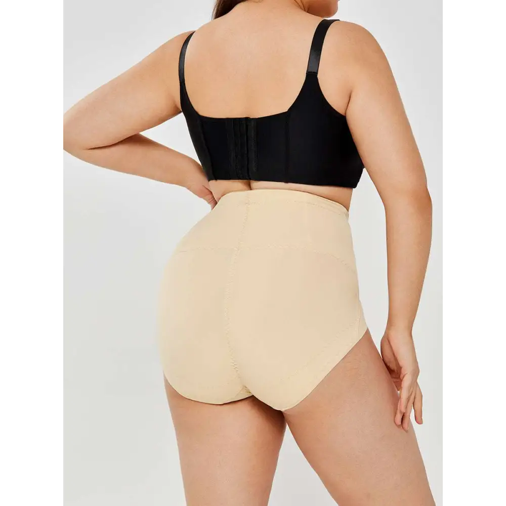 Beige womens tummy control high waist mesh body shaper briefs with seamless fabric and black adjustable straps