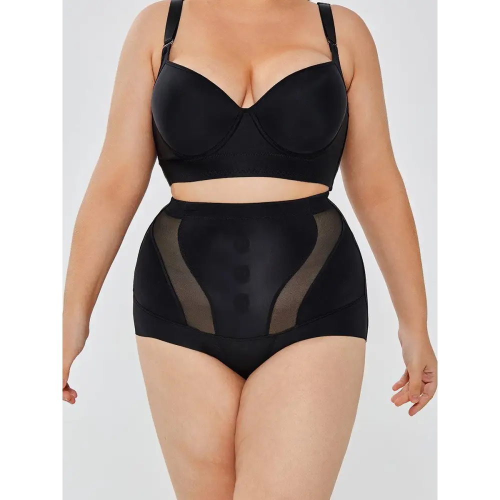 Black womens tummy control high waist mesh body shaper set with supportive bra top and mesh panels