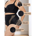 Black womens tummy control high waist mesh body shaper with sheer panels and energy stone accent for slimming effect