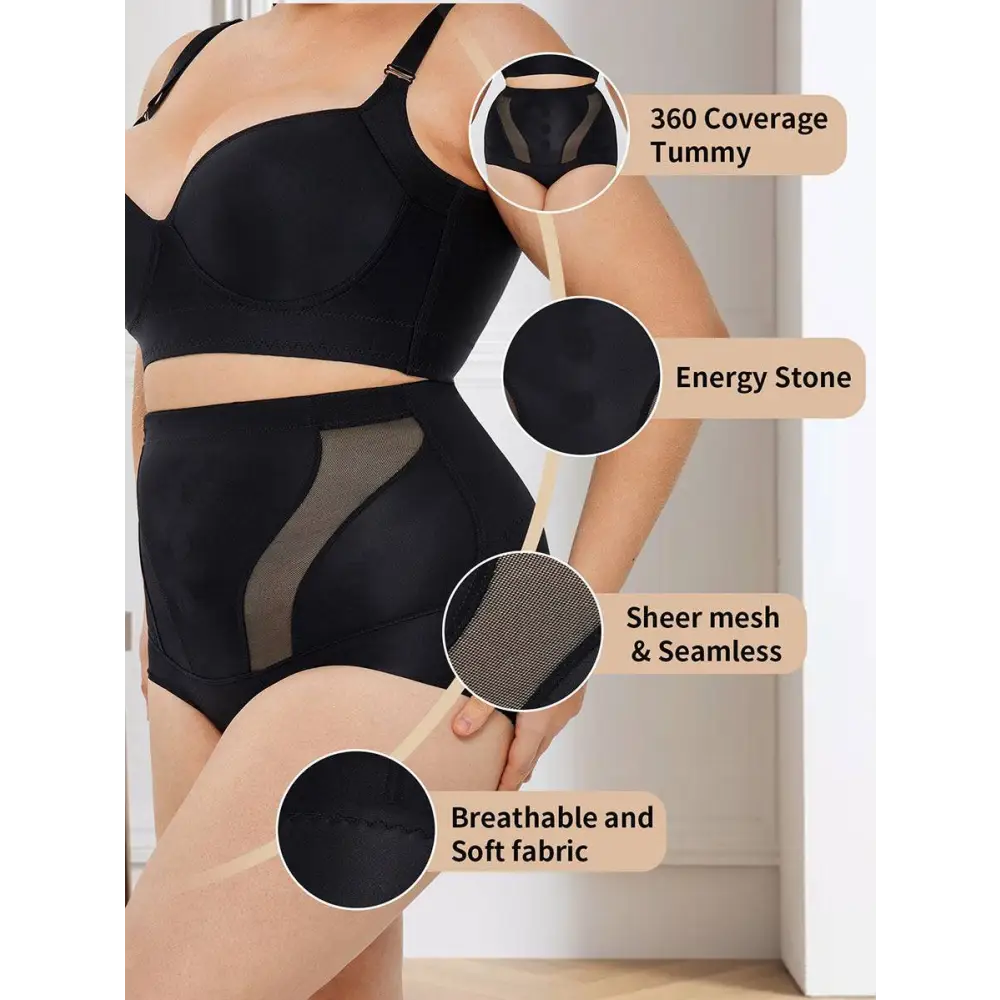 Black womens tummy control high waist mesh body shaper with sheer panels and energy stone accent for slimming effect