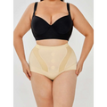 Beige womens tummy control high waist mesh body shaper with sheer panels and front button closure for slimming