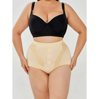Beige womens tummy control high waist mesh body shaper with sheer panels and front button closure for slimming