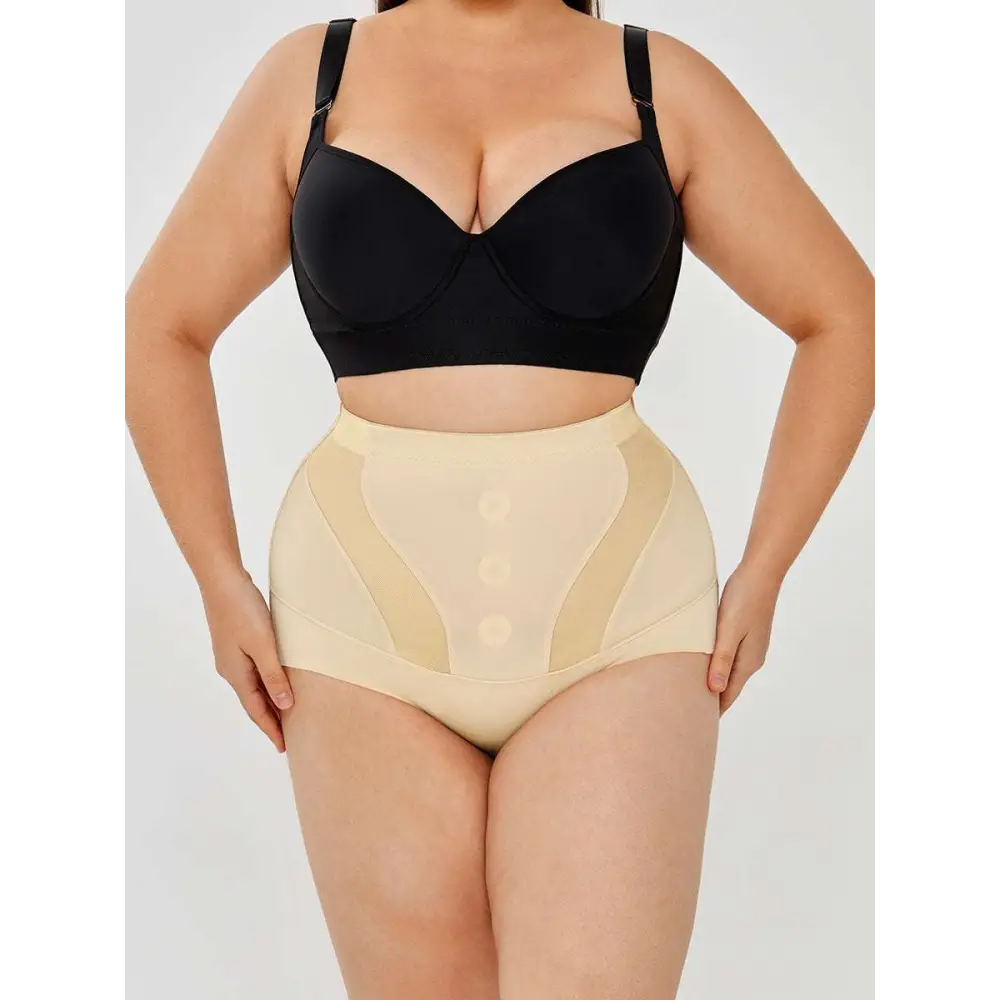 Beige womens tummy control high waist mesh body shaper with sheer panels and front button closure for slimming