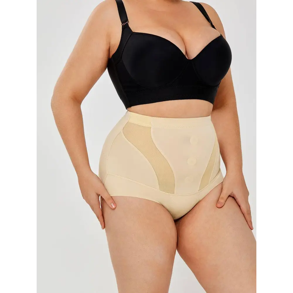 Beige womens tummy control high waist mesh body shaper with sheer panels and three front buttons for slimming