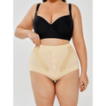Beige womens tummy control high waist mesh body shaper with sheer panels and three front buttons for slimming